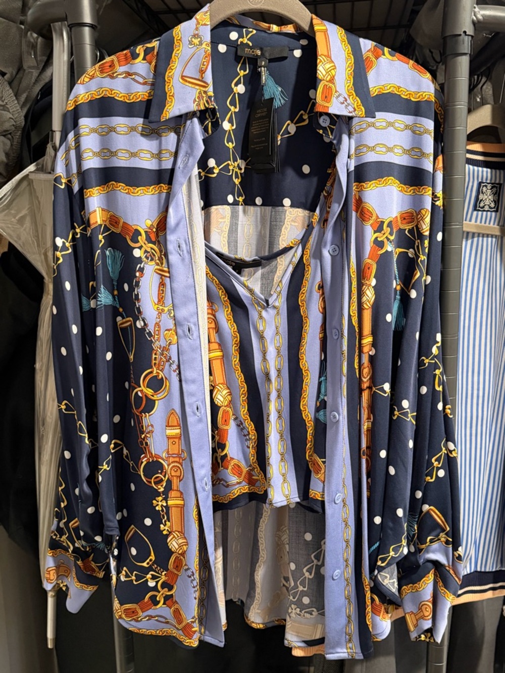 Maje Navy Chain Scarf Print Blouse